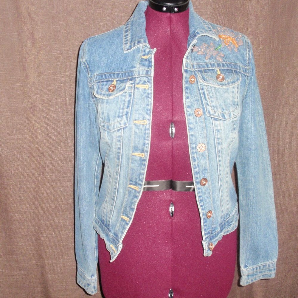 Department of Peace Flower Beaded Denim Jean Jacket Button Front S